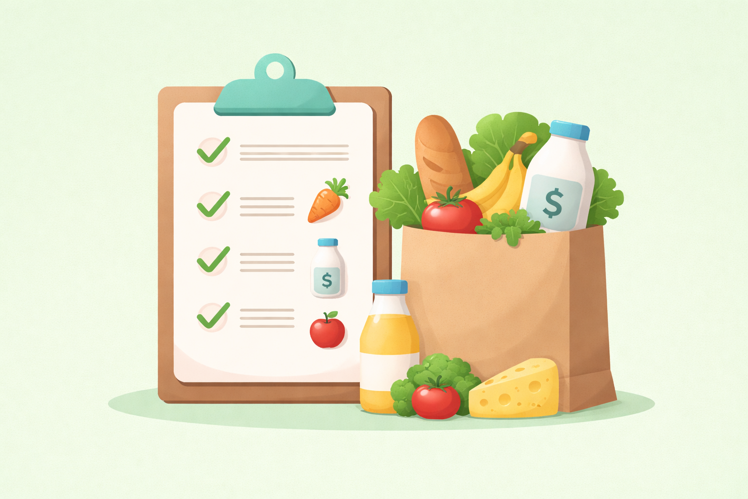 Grocery list with bag of shopping